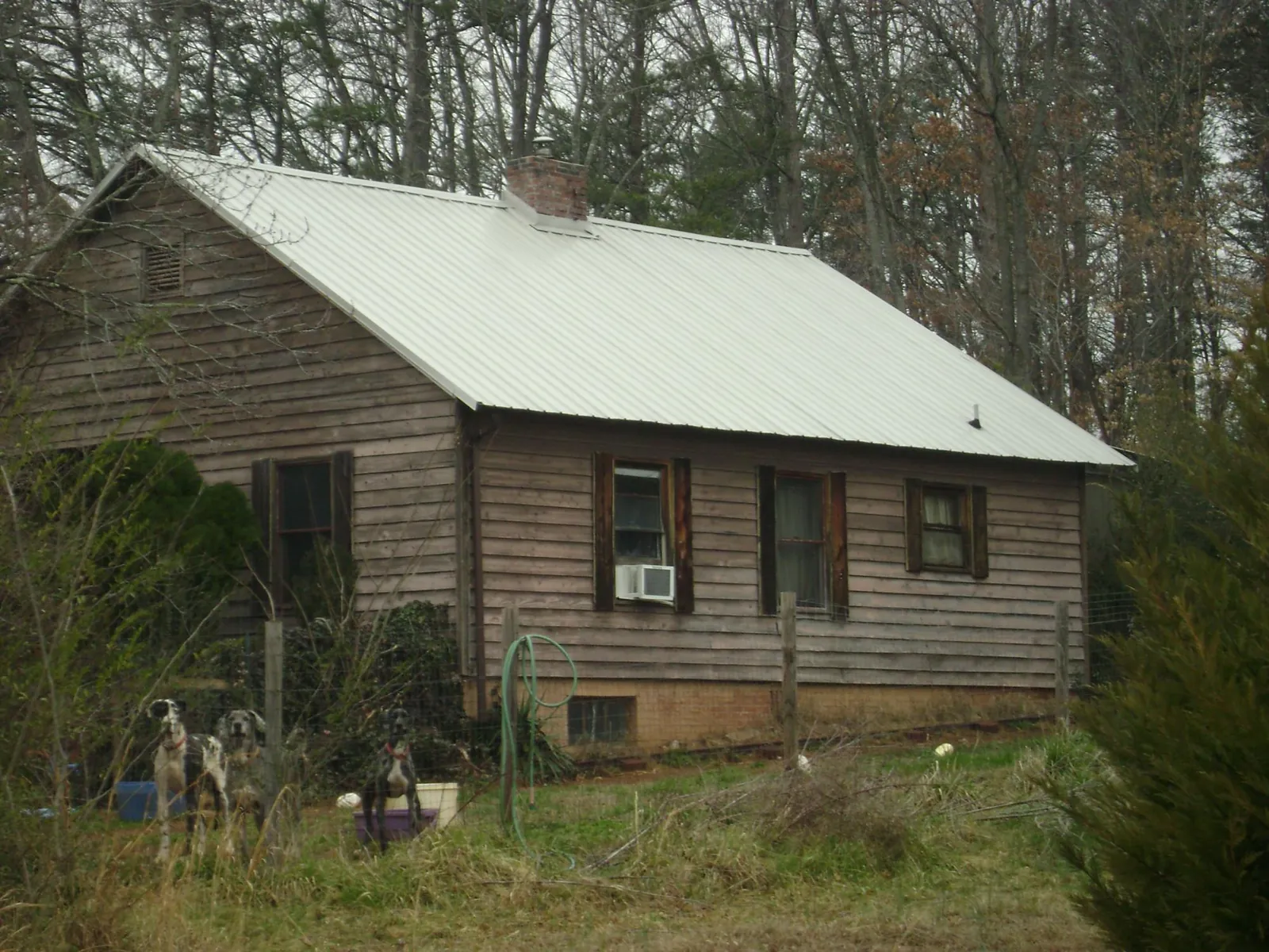 White metal roof on an old wood sided farmhouse, from a Metal Roof Installation job in Long Valley